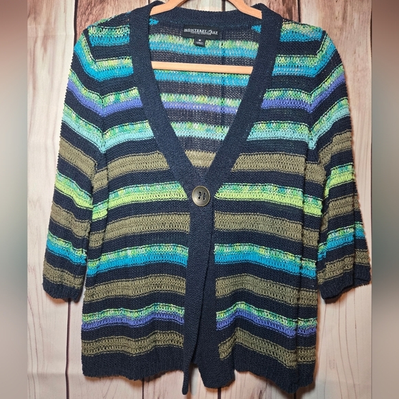 Monterey Bay Navy Green & Brown Striped Short Sleeve Cardigan Size Medium - Picture 1 of 8